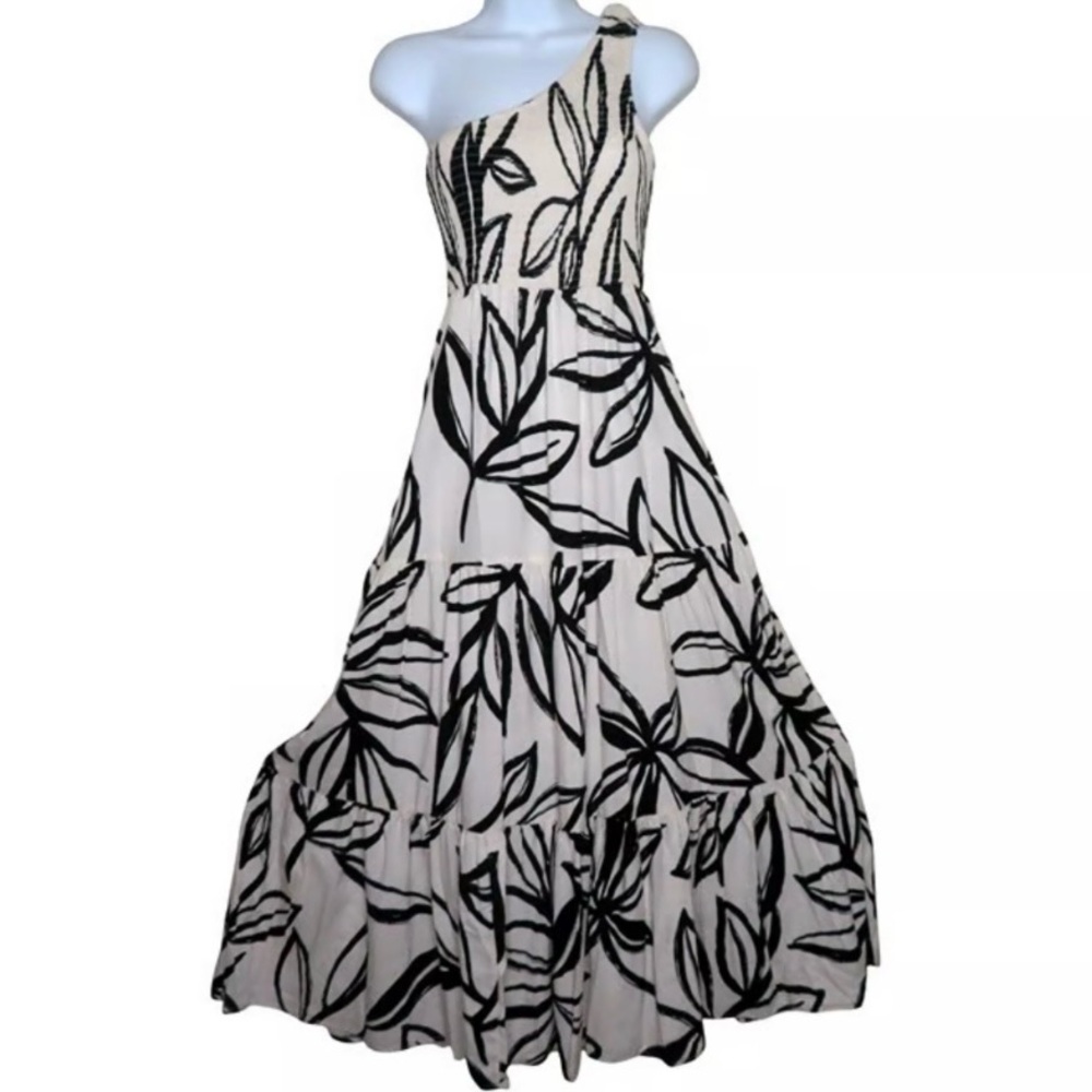 NWT - Abel The Label Anthropologie L One-Shoulder Maxi Dress White/Black Leaf